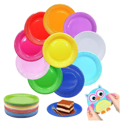 Produktbild von DIY Bunt Pappteller, 100 Stück Bunt Party Pappteller, Rund Teller, Papierteller, Einwegteller, Partyteller, Biologisch Abbaubar, für Feste und Feiern wie Geburtstag oder Grillabend
