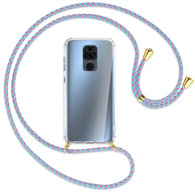 Produktbild von Handykette Backcover-Schutzhülle mit Band (Metall goldfarben) für Xiaomi Redmi Note 9 / 10X 4G - pink/mint