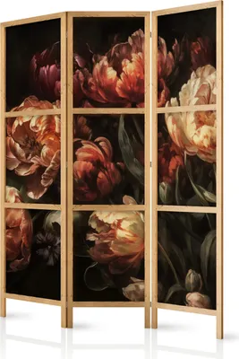 Produktbild von 3-teiliger Einseitiger Vlies Japanischer Paravent - Magnificent Tulips - Bouquet of Flowers in Red and White on a Black Background 135x172 cm Blumen b-H-10024-bh-a