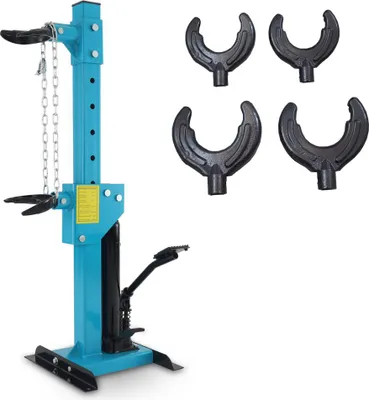 A blue hydraulic spring compressor tool with four black attachments on a white background.