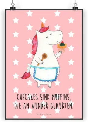 Produktbild von Mr. & Mrs. Panda Bild Einhorn Küche DIN A5 - Rot Pastell - Geschenk, Wandbild, Plakat, Muffin, Einhörner, wanddeko, Kuchen, Kunstdruck, Unicorn, Torte, drucke