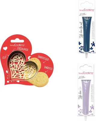 Produktbild von Herz-Relief-Keks-Set + 2 mitternachtsblaue und fliederfarbene Schokoladenstifte