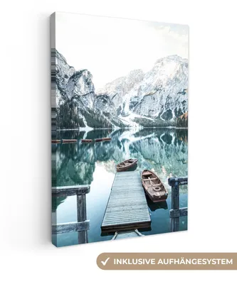 Produktbild von MuchoWow® - Leinwandbilder - Natur - Berge - Schnee - Wald - Boot, Wandbild, Wanddeko Bilder Wohnzimmer, 80x120 cm