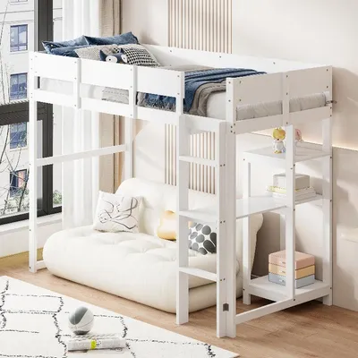 Productafbeelding van Hoogslaper 90x200 cm, wit, gemaakt van massief grenenhout, met opbergruimte en lattenbodem. Ruimtebesparend bedframe voor kinderkamers en tienerkamers
