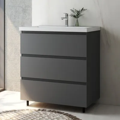 Produktbild von Badmöbel Set 80 cm Alast Dunklegrau Rechteckiges Waschbecken mit Unterschrank Hängeschrank mit Schrankfüße Softclose