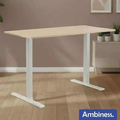 Produktbild von AMBINESS Höhenverstellbarer Schreibtisch FlexxPro | Durchgehende Arbeitsplatte | Inkl. LED-Bedienfeld & Kabeldurchführung | elektrisch stufenlos & ergonomisch | 120x60cm Ahorn