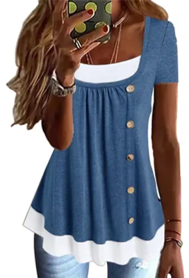 Produktbild von Blaues L 2-in-1 T-Shirt mit Falten vorne, Knopfleiste, lockerer Passform, lässige Sommerbluse für Damen