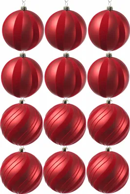 Christbaumkugeln mit Samtstreifen - Weihnachtsbaumkugeln - bruchfest - D: 8cm - rot - 12er Set