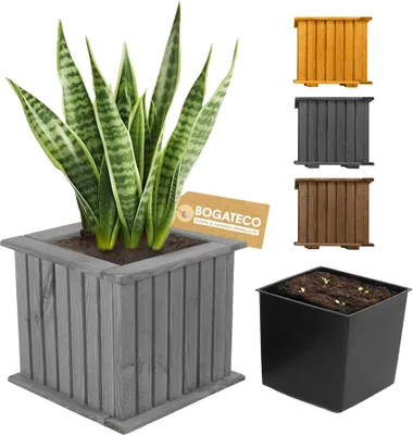 Obrázek produktu pro BOGATECO dřevěný truhlík na květiny | květináč | květináč 25 x 25 x 25 cm | květináč na bylinky pro domácí zahradu balkon terasu | květináč s plastovou vložkou | impregnovaný | šedý