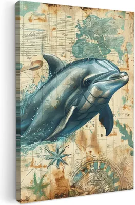 Produktbild von MuchoWow® - Leinwandbilder - Vintage - Delfin - Tiere - Aquarell - Blau, Wandbild, Wanddeko Bilder Wohnzimmer, 20x30 cm