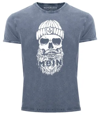 Produktbild von Herren Vintage Shirt Moin Totenkopf Anker Skull Printshirt T-Shirt Aufdruck Used Look Slim Fit Neverless®  blau M