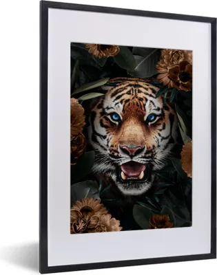 Produktbild von MuchoWow® MuchoWow® Gerahmtes Poster Tiger - Blumen - Braun 30x40 cm - Poster mit zchwarzem Bilderrahmen - Wandposter Schlafzimmer