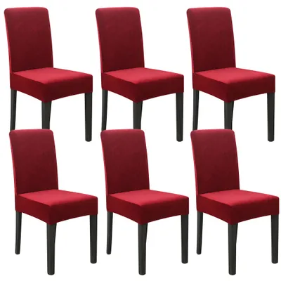 Produktbild von Stuhlhussen 6er set Verdickter Samt Stretch Hussen Für Stühl Weichem Esszimmer Stuhlbezug Hochzeit Home Party Stuhlüberzug Esszimmer-Sitzbezug Weinrot