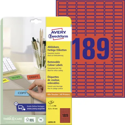 Produktbild von Avery Zweckform L6036-20, Farbige Etiketten, ablösbar, A4, 25,4 x 10 mm, 3.780 Etiketten / 20 Bögen, rot