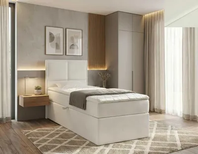 Obrázek produktu pro Postel s pružinovým roštem NORDELO MODERNO 90 × 200 cm, bílá – kompletní sada čalouněné jednolůžkové postele s úložným prostorem, matrací a matracovým chráničem