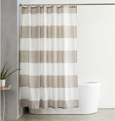 Produktbild von Gestreifter Duschvorhang in Taupe mit 12 Haken, beigefarbener, wasserdichter und schimmelresistenter Stoffvorhang für Badezimmer, 180 x 180 cm (72" x 72")