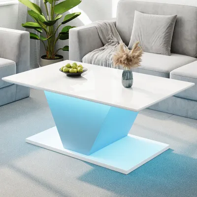 Image de MODFU Table Basse avec Éclairage LED Intégré et Design V, Style Moderne, 100 × 50 × 46 cm, Blanc