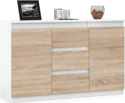 Produktbild von VBChome Kommode 120 x 35 x 75 cm mit 3 Schubladen und 2 Türen Weiß - Eiche Sonoma Grifflose Schubladenkommode Mehrzweckschrank für Flur Schlafzimmer