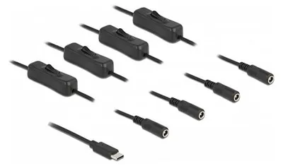 Produktbild von DeLOCK Kabel USB Type-C Stecker zu 4 x DC 5,5 x 2,1 mm Buchse mit Schalter 1 m, USB Type-C, 4 x DC 5.5 x 2.1 mm, 1 m, Schwarz
