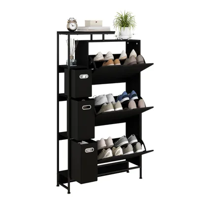 Image de Armoire à chaussures Puluomis avec 3 tiroirs en tissu, dimensions 81x24x132 cm, armoire d'entrée anti-basculement avec étagères réglables en hauteur, armoire de rangement pour chaussures, couleur noire