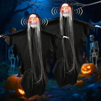 Halloween-Deko Skelett hängend, 2 Stück, 35 cm, LED-Augen, Geräusche