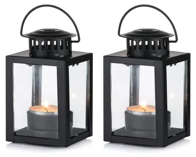 2er-Set Vintage Laternen für Teelichter, schwarz, Metall/Glas
