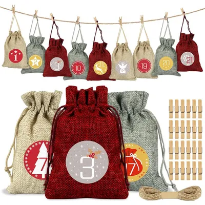 Produktbild von Adventskalender zum Befüllen – Set mit 24 Stück – Stoffbeutel für Adventskalender – Weihnachtskalender – Jutebeutel – Weihnachten