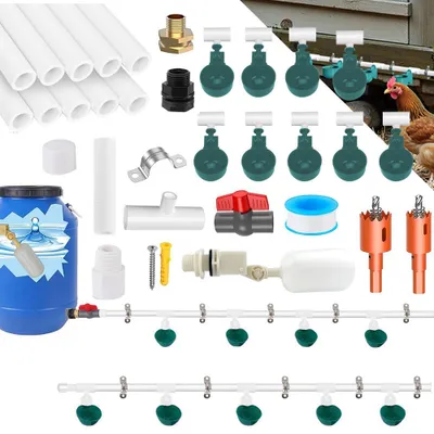 Image de Kit complet avec abreuvoir automatique pour poules Abreuvoir pour volailles Tube en PVC, tuyau d'arrosage avec 9 gobelets et 10 tuyaux d'eau