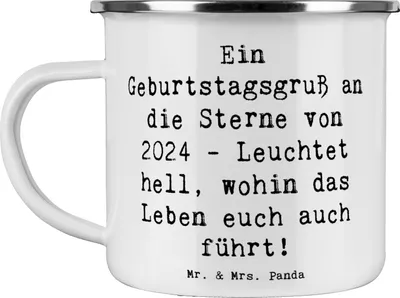 Produktbild von Mr. & Mrs. Panda Teetasse Spruch 2024 Geburtstag Sterne - Weiß - Geschenk, Emaille Becher, Happy Birthday, Geburtstagsgeschenk, Haferl, liebevolle Erinnerung, Tasse, Pott