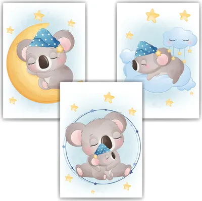 Produktbild von 3er Set Poster für Kinderzimmer Bilder Babyzimmer Babyparty Kinderposter Koala Mama – DIN A3 (29.7x42cm)