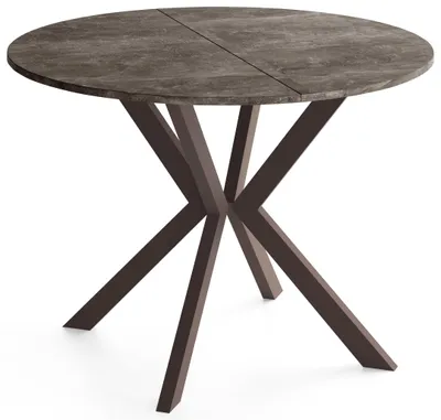 Produktbild von Runder Ausziehtisch Esstisch Ausziehbar mit Braunem Metallgestell – Valio, 90 cm Rund auf 130 cm Erweiterbar – Industrial-Loft-Design, Braune Metallbeine, Beton Dunkelgrau,  EU