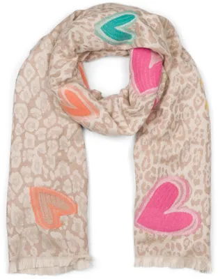 Produktbild von styleBREAKER Damen Schal mit Leopardenmuster und Herz-Stickerei – Weicher, warmer und r Schal mit Fransen 01017164
