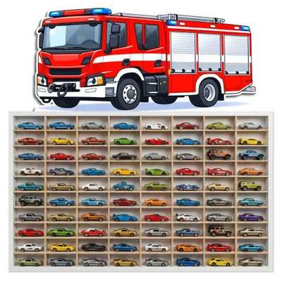 Modellauto-Regal für 80 Autos 1:64 – Wandregal & Setzkasten für Spielzeugautos, Feuerwehr-Motiv, Weiß, Birken-Sperrholz – mit Modellautos an der Wand