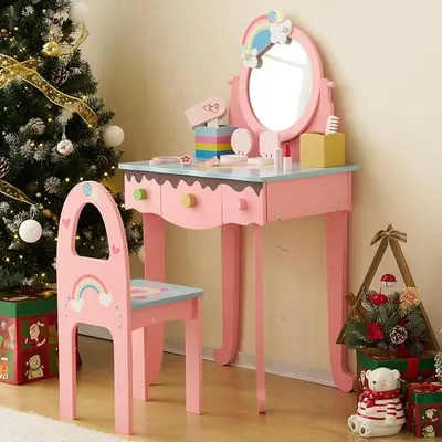 Produktbild von Schminktisch Kinder mit Hocker Frisiertisch Kinderschminktisch für 7 | Mädchen Frisierkommode mit Schublade mit Pretend Play Makeup Toys (Rosa)
