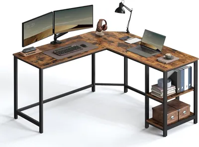 Image de VASAGLE LWD72X Table d'ordinateur, bureau d'angle en L, bureau de jeu, station de travail avec 2 étagères pour le bureau à domicile, gain de place