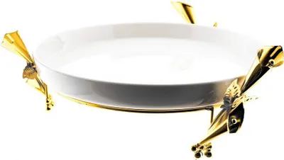 Produktbild von Seviertablett Dekoration Platten mit Ständer in Gold und Teller in Weiß aus Porzellan Rund