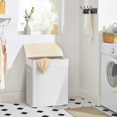 Produktbild von SONGMICS Wäschekorb, aus Bambus, mit 2 Fächern, herausnehmbar, 100 L, weiß