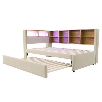 Produktbild von Flieks Tagesbett Schlafsofa 90x200cm mit Ausziehbett, Polstebett Sofabett mit Ladefunktion & LED, Einzelbett Holzbett Daybed, Samt, Beige