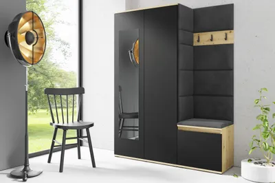 Produktbild von Garderoben-Set "Harry", Moderner Kleiderschrank mit Polsterplatten und Schuhschrank– Ideal für Flur und Eingangsbereich  (Artisan/Schwarz, Trinity 15)
