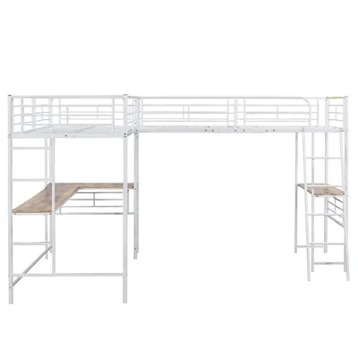 Produktbild von okwish Hochbett 90*200cm, zwei Etagenbetten mit Tisch unter dem Bett, Doppeltreppe, hohes Geländer, ohne Matratze- Weiß