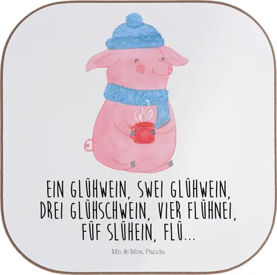 Produktbild von Mr. & Mrs. Panda weinflaschenuntersetzer Schweinchen Glühwein - Weiß - Geschenk, Betrunken, Untersetzer für Gläser, gläseruntersetzer, Coaster, Weihnachtsmarkt, Glas