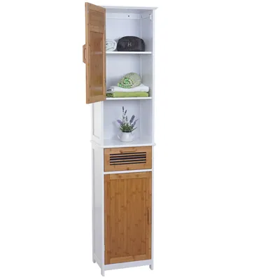 Produktbild von Hochschrank HWC-A85, Badschrank Badregal Bambus, MVG- 180x40x31cm weiß