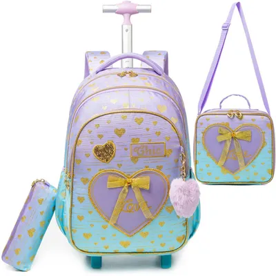 Image de Sacs à dos pour enfants avec roulettes, adaptés aux filles, sac à dos à roulettes pour enfants, motif cœur violet et bleu, dimensions : 46 x 30 x 20 cm