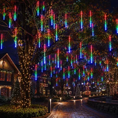 Image de Guirlande lumineuse effet pluie d'étoiles, éclairage de pluie, décoration de Noël pour jardin, arbre de Noël, décoration d'Halloween, multicolore, 50 cm, 288 LED