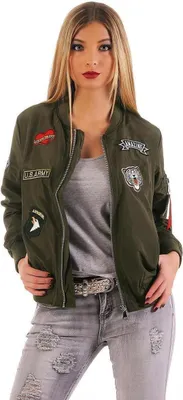 Produktbild von Damen Bomberjacke Jacke mit Patches Übergangsjacke; Khaki XS/S