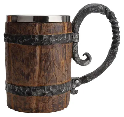Immagine prodotto di Bicchiere da birra in legno, imitazione, 650 ml, a doppia parete, in acciaio inossidabile, con manico