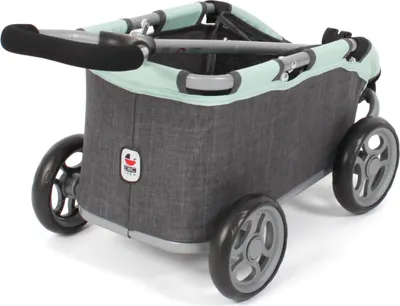 A close-up, angled view of a doll stroller.