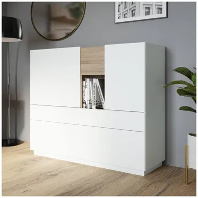 Produktbild von Forte LEWISVILLE Sideboard 180, minimalistisches Sideboard, 1-türig, Kippfach, Schublade, Holzwerkstoff, Wohnzimmer, Secret Grey | Valenica Eiche Holzdekor, 119,7 cm breit x 111,2 cm hoch x 41 cm tief
