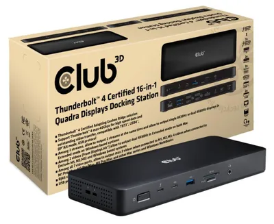 Produktbild von CLUB3D Thunderbolt 4 16-in-1 Quadra(4) Displays Dockingstation, Kabelgebunden, Thunderbolt 4, Schwarz, MicroSD (TransFlash), SD, 40 Gbit/s, Kensington