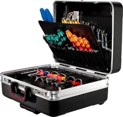 An open tool case with various tools neatly organized inside.